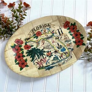 Vintage Oval Florida Bamboo Tray Kitsch Kitschy Souvenir